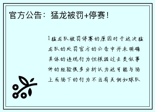 官方公告：猛龙被罚+停赛！